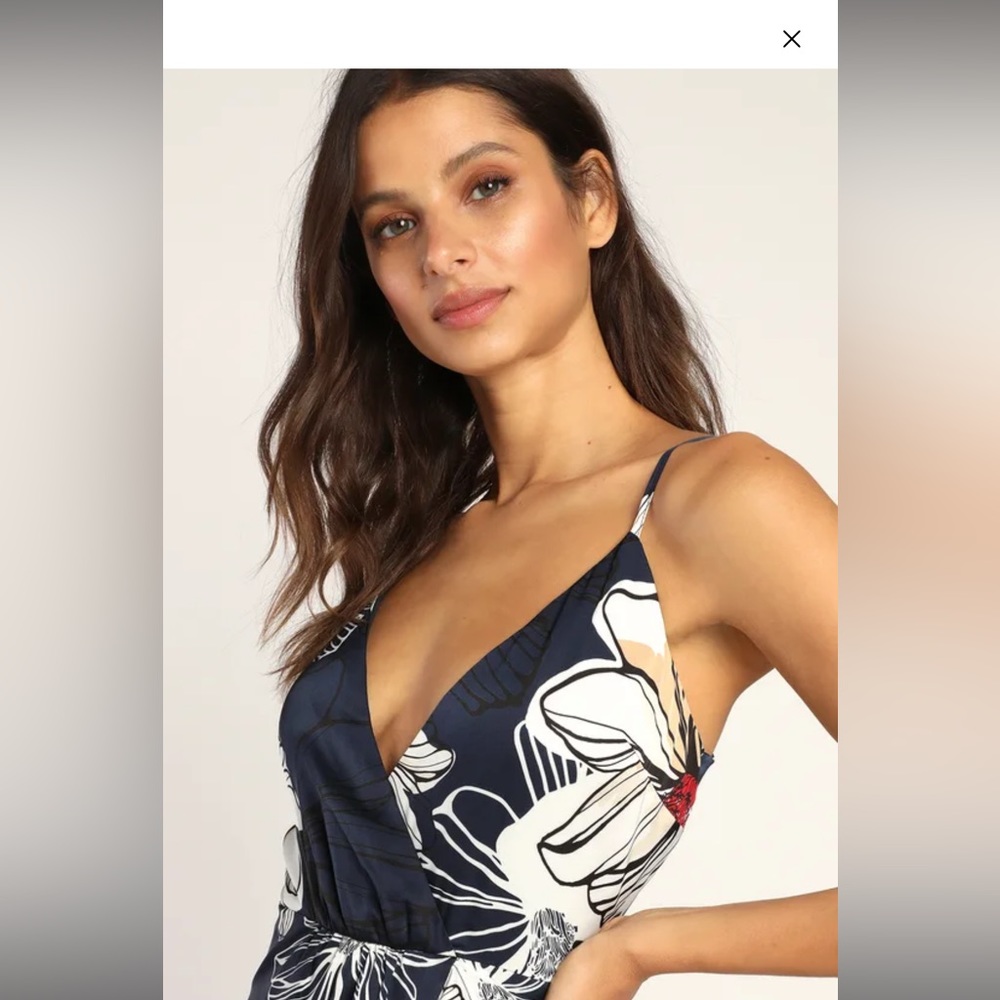 Lulus Seeking Chic Navy Blue Floral Print Ruffled Faux-Wrap Midi Dress - Picture 5 of 14